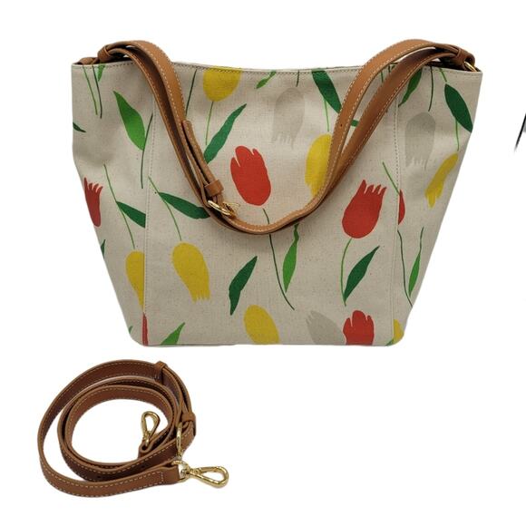 Frances Valentine Tulip Canvas Tote Bag Leather Trim Handle & Shoulder Strap - Picture 1 of 16
